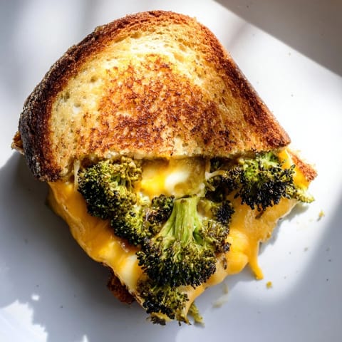 A close-up of a flavorful Roasted Broccoli & Cheddar Grilled Cheese, with oozing, melted cheddar cheese.