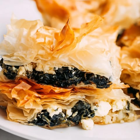 Freshly baked Feta and Kale Börek tart, cut into wedges to reveal its savory interior, served warm with a simple side salad.