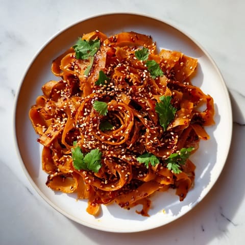Bright, steaming bowl of Gochujang Swede Noodles featuring tender roasted rutabaga ribbons, crisp julienned carrots, and bean sprouts tossed in a sweet, salty, and spicy Korean-inspired sauce.