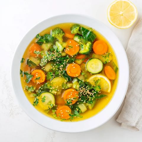 Savory Collagen-Boosting Broth Bowl with tender carrots, zucchini, and vibrant spinach in a golden turmeric broth.