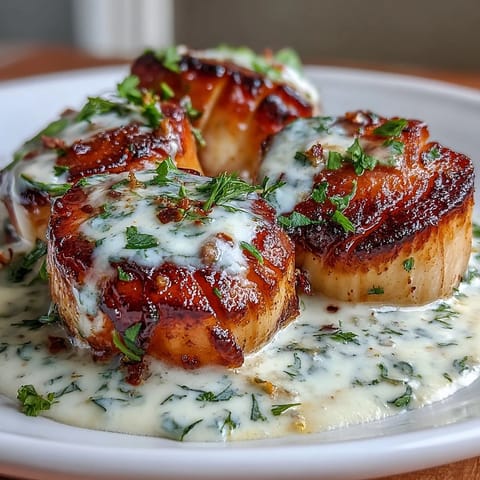 Golden seared scallops in a rich, spicy Cajun cream sauce, garnished with fresh parsley for a restaurant-quality seafood dinner.  