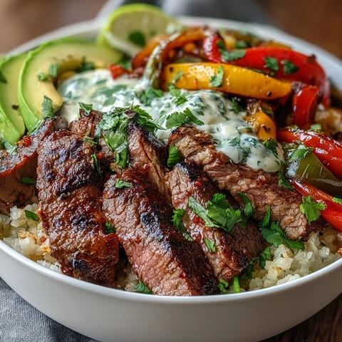 Steak Fajita Bowl garnished with avocado slices, cilantro, and a squeeze of lime on a rustic table.