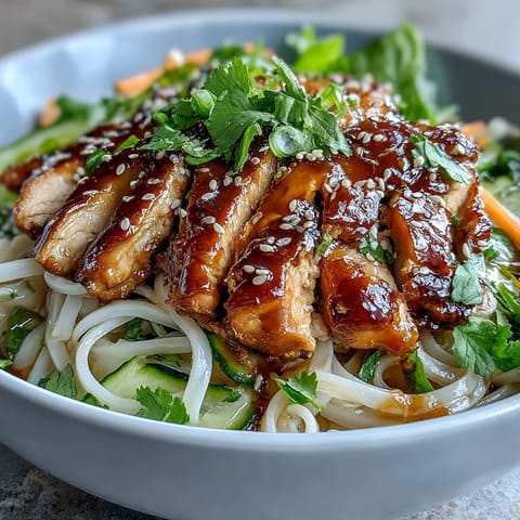 Tender chicken and crisp vegetables top noodles in this delightful Asian Chicken Noodle Bowl.