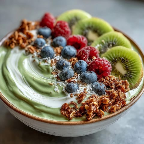 A vibrant Hojicha Smoothie Bowl topped with fresh berries, sliced kiwi, and crunchy granola on a rustic kitchen table.