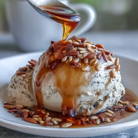 Hot Japanese roasted green tea is poured over vanilla ice cream for a Hojicha Affogato.