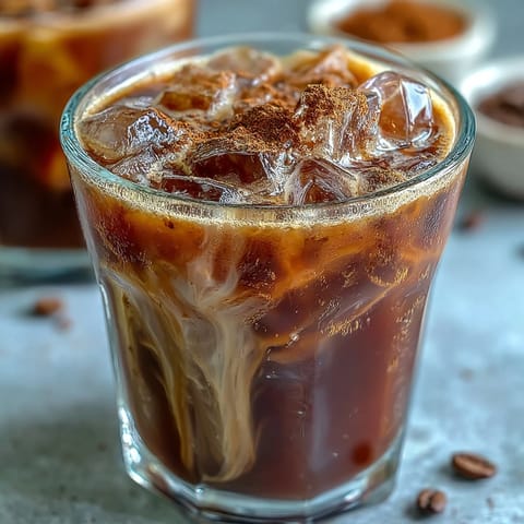 Iced Hojicha with Cinnamon topped with a pinch of spice, served in a glass over ice with creamy milk swirling into the dark roasted tea.