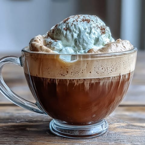 Creamy steamed milk crowns a rich Hojicha Macchiato in a small espresso cup.