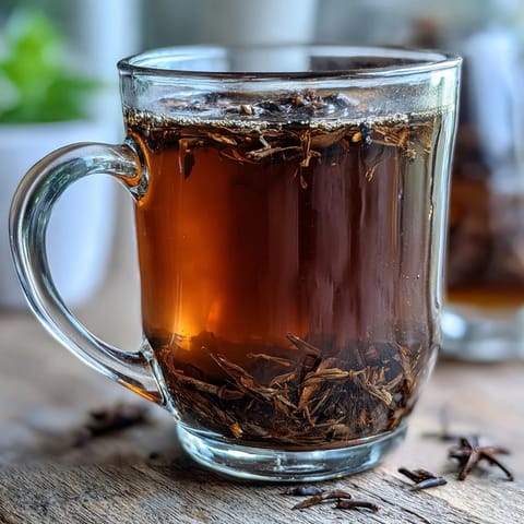 A steaming mug of Hojicha Americano highlights the roasted, tea leaves steeped in hot water for a robust, coffee-like flavor.