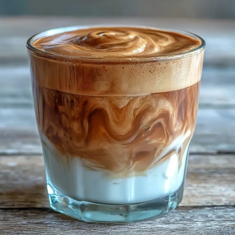 A close-up of a creamy Hojicha Cortado in a ceramic cup, steam rising from the rich, roasted tea and frothy milk.