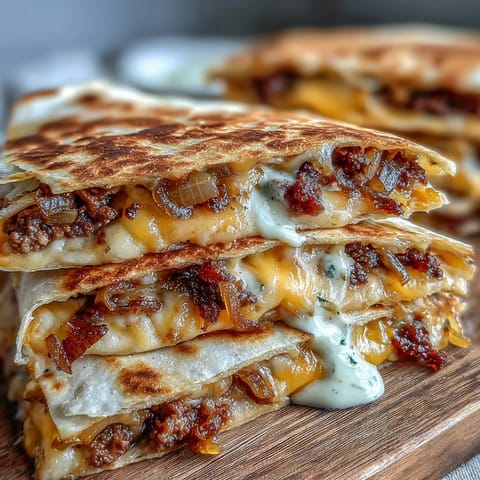 Stack of Cheesy Griddled Smashburger Quesadillas topped with fresh cilantro and pickles, served with a creamy mustard sauce.