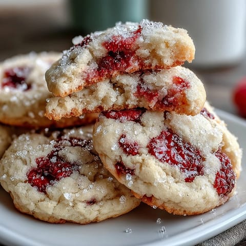 Glossy, tender Soft Chewy Raspberry Sugar Cookies with bright red berry bursts and sparkling sugar coating. 
