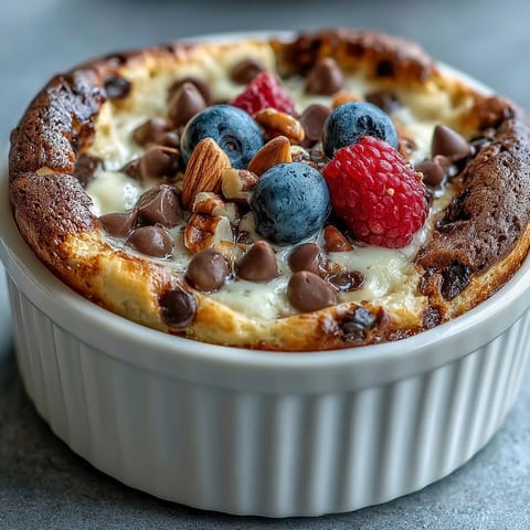 This single-serve pancake bowl has a fluffy texture and is loaded with fresh berries, perfect for a healthy meal prep morning.