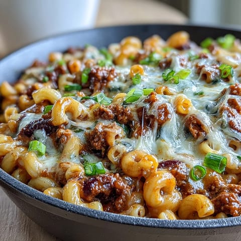 Hearty One-Pan High Protein Chili Mac topped with green onions, sour cream, and crushed tortilla chips for a weeknight meal.  