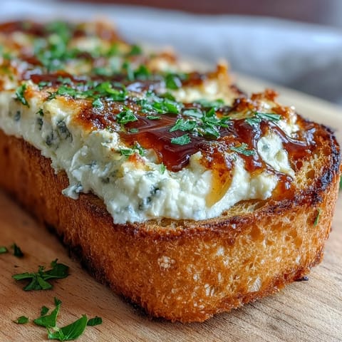 Slices of Hot Honey Ricotta Garlic Bread served on a wooden board, garnished with fresh parsley and vibrant red pepper flakes.