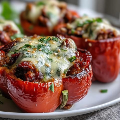 Ground turkey filling with gochujang and sesame flavors spilling out of vibrant mini sweet peppers, baked until tender and delicious.