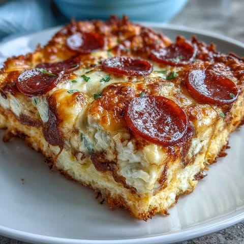 A slice of the cheesy High-Protein Pizza Breakfast Casserole shows a golden Greek yogurt crust.