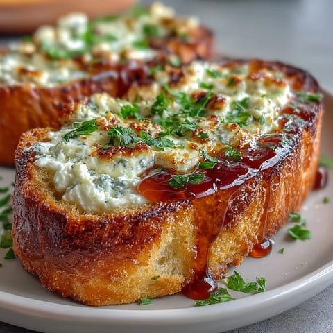 Freshly chopped parsley and melted Parmesan cheese top this rustic Hot Honey Ricotta Garlic Bread, served warm with a glass of white wine.