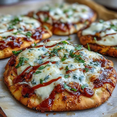 Four bubbly Garlic Naan Margherita Pizzas on a wooden board, ready for a fast vegetarian weeknight dinner.