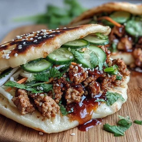 Tender Korean turkey filling, shredded carrots, and vibrant cilantro piled inside a toasted naan pocket, topped with creamy gochujang mayo and sesame seeds.