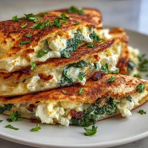 Golden-brown Mediterranean Quesadillas with Spinach and Feta, sliced into wedges and garnished with fresh herbs on a rustic plate.