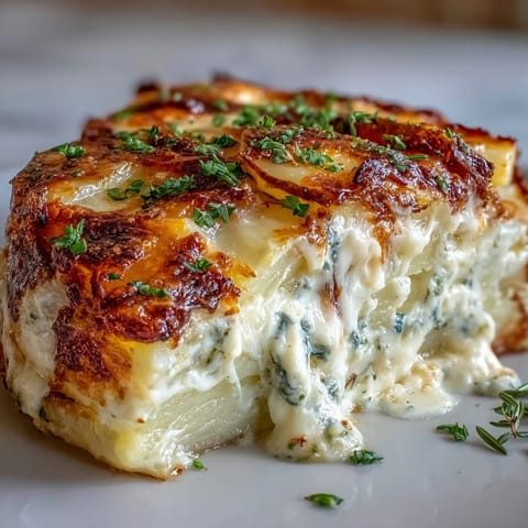 Golden-brown Creamy Smashed Potato Gratin bubbling with melted Gruyère and Parmesan cheese.