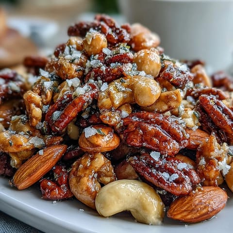 Golden brown clusters of Salted Honey & Peanut Snack Mix are piled high on a wooden board next to a jar of honey. 