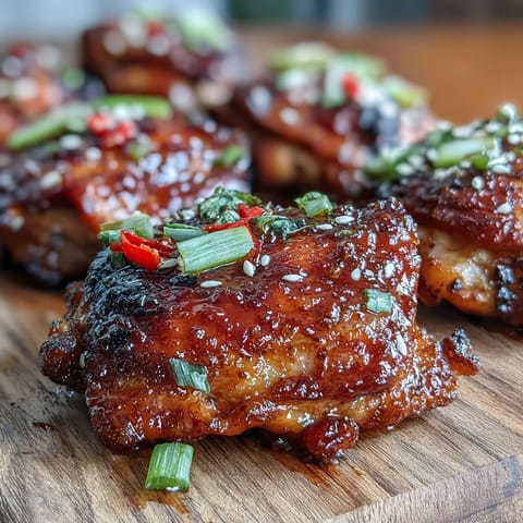 Roasted bone-in chicken thighs coated in a glossy, sweet chili jam glaze, garnished with fresh green onions and red chili slices.