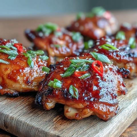 Golden-brown chicken thighs fresh from the oven, smothered in sticky chili jam glaze on a rustic serving platter.