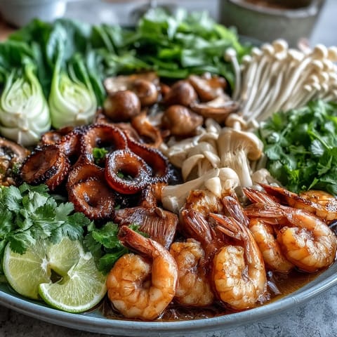A vibrant table spread of Asian Hot Pot Seafood with crisp vegetables, tofu, and glass noodles ready to cook.