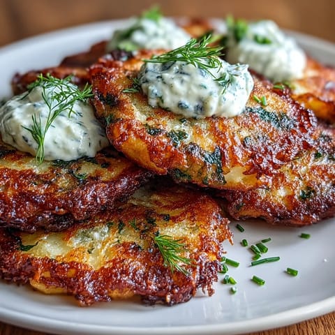 Two golden Smashed Potato & Herb Fritters with a crispy edge and soft center, garnished with fresh herbs and served next to a small bowl of sour cream.