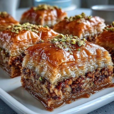 Cut diamond shapes reveal rich green pistachio filling inside crisp phyllo pastry.