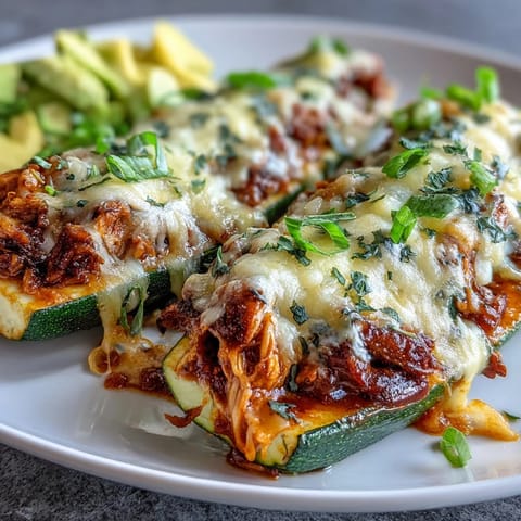 Tender zucchini halves stuffed with spiced chicken, topped with melted cheese and fresh cilantro garnish.