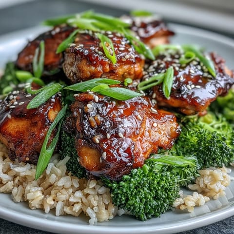 Sheet Pan Teriyaki Chicken and Broccoli with Brown Rice served on a plate with sesame seeds and green onions.
