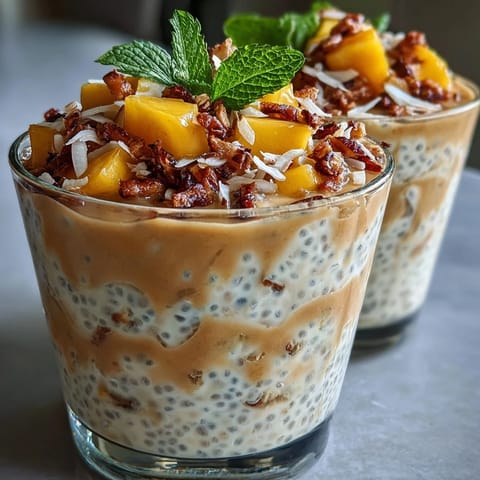 Healthy tropical mango sago chia pudding dessert topped with toasted coconut flakes and a dollop of coconut cream.