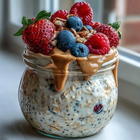 A spoon digs into a chilled jar of Clean Eating Berry Overnight Oats with Almond Butter Swirl, revealing juicy berries and a rich almond butter swirl.