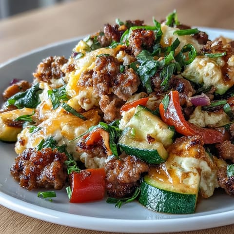 Savory Keto Sausage and Veggie Breakfast Scramble featuring crumbled pork sausage, fresh spinach, and zucchini served warm for a low-carb meal.