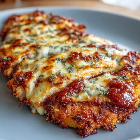 A close-up of a crispy almond flour-coated Keto Baked Chicken Parmesan bubbling with rich marinara sauce.