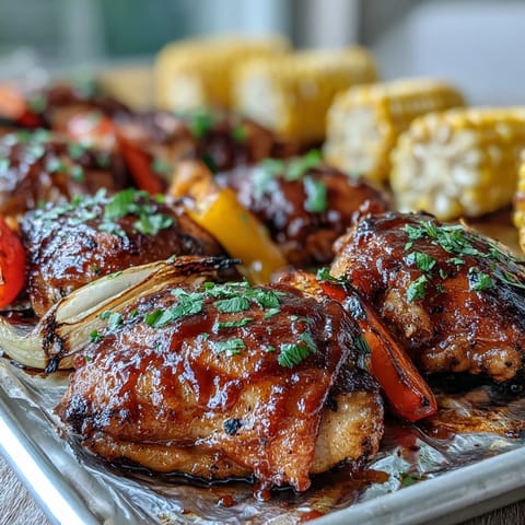 Golden-brown Sheet Pan BBQ Chicken thighs roasted with sweet corn cobs and vibrant bell pepper strips on a parchment-lined tray.