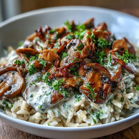 Vegan Mushroom Stroganoff sizzling in a skillet, featuring sautéed mushrooms and onions in a rich, dairy-free sauce.