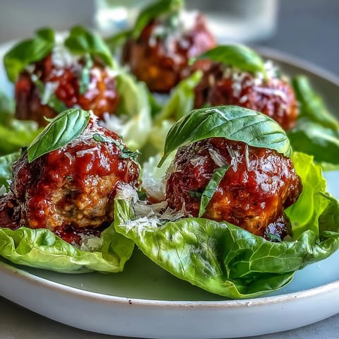 Plump turkey meatballs with Parmesan rest in green lettuce leaves, topped with vibrant red marinara.
