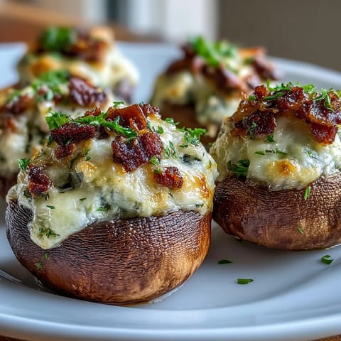 Golden brown Keto Bacon and Cheese Stuffed Mushrooms bubbling on a baking sheet, featuring a savory cream cheese filling and crispy bacon garnish.