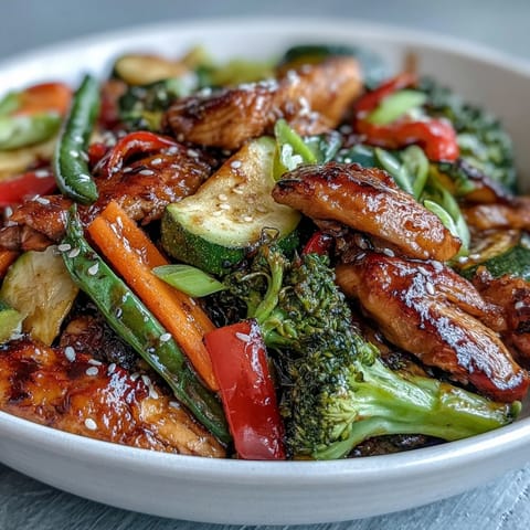 A close-up of High-Protein Chicken and Veggie Stir-Fry, highlighting juicy chicken breast and fresh broccoli over a bed of rice.