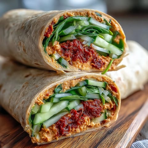 Creamy sun-dried tomato hummus veggie wraps with spinach and carrots on a plate.