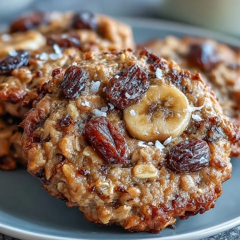 Six warm Vegan Banana Oat Breakfast Cookies stacked on a cooling rack next to a fresh banana.