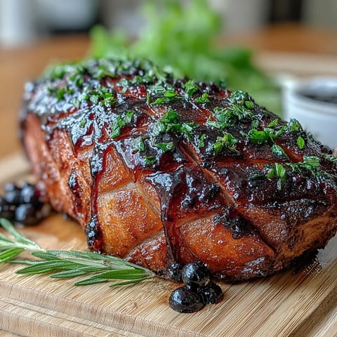 Sliced pieces of Black Currant Jam Glazed Ham plated next to crisp green salad and roasted potatoes for a complete dinner.