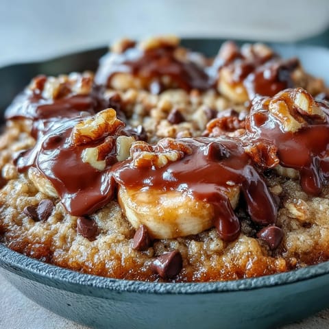 Warm, shareable oatmeal skillet cookie loaded with ripe bananas, semisweet chocolate, and crunchy walnuts, perfect for dessert or brunch.