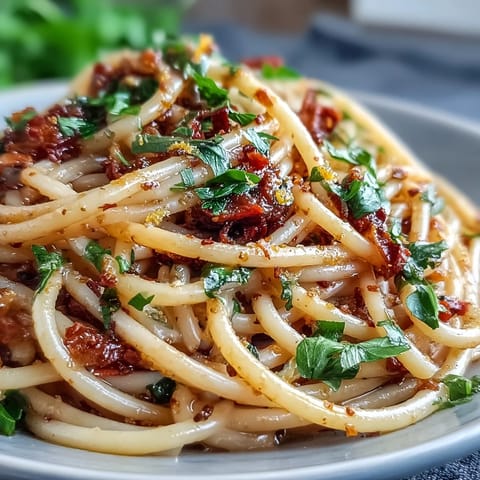 Spicy Calabrian chili pasta with bucatini in a fiery chili oil sauce, topped with fresh parsley and lemon zest for vibrant flavor.