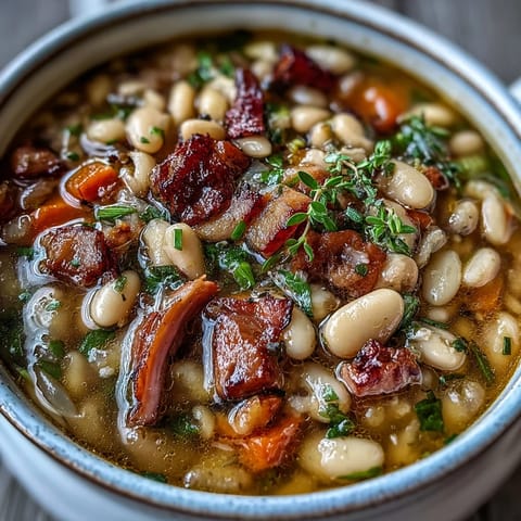 A steaming bowl of ham and Great Northern bean soup, garnished with fresh parsley and served with crusty bread.