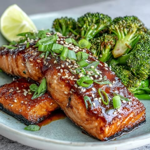 Golden-brown salmon fillets drizzled with sweet and savory honey-soy glaze, served over vibrant sesame-tossed broccoli.  