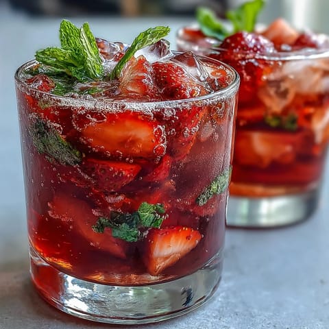 A vibrant Sparkling Strawberry Mocktail with fresh strawberries, lemon, and sparkling water, garnished with mint leaves and served over ice.  
